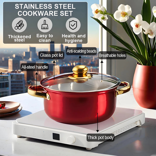 12-Piece Stainless Steel Non-Stick Cookware Set - Red