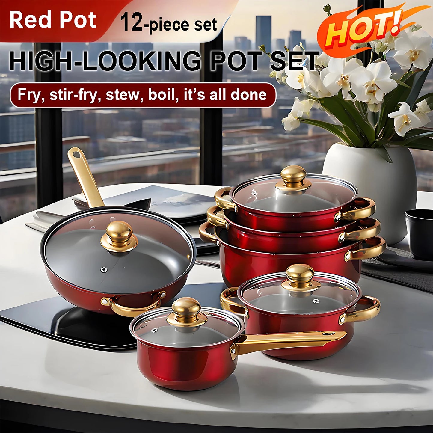 12-Piece Stainless Steel Non-Stick Cookware Set - Red