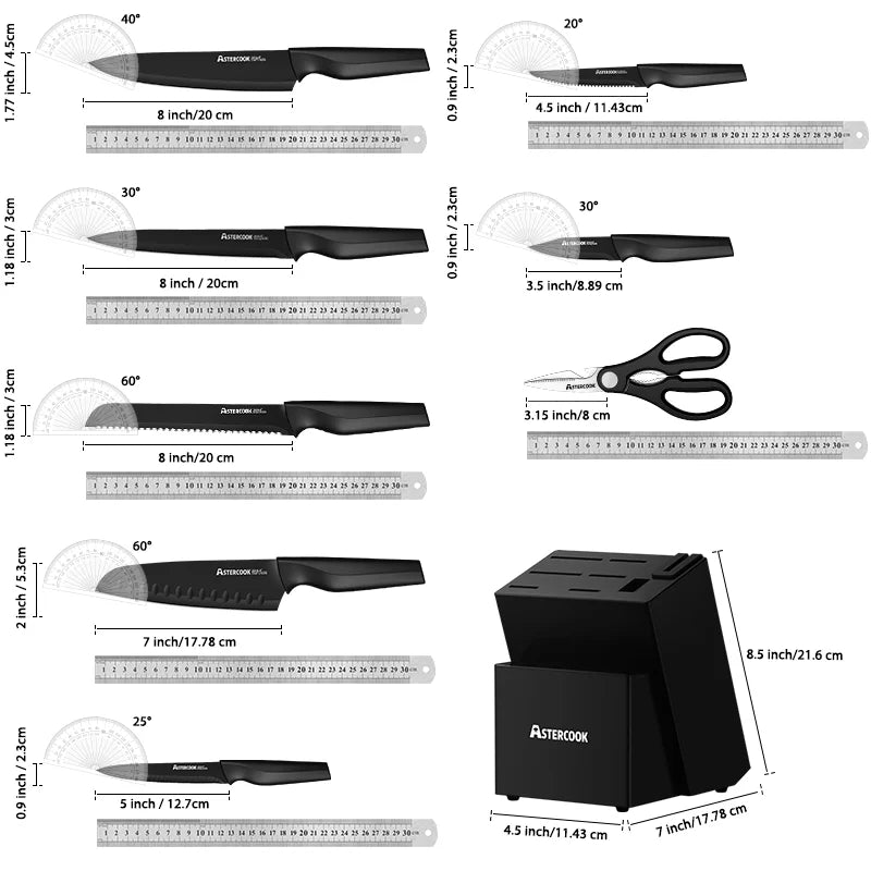 Astercook 15 Pc German Stainless Steel Knife Block Set w/ Built-in Sharpener