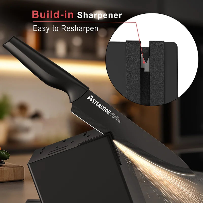 Astercook 15 Pc German Stainless Steel Knife Block Set w/ Built-in Sharpener