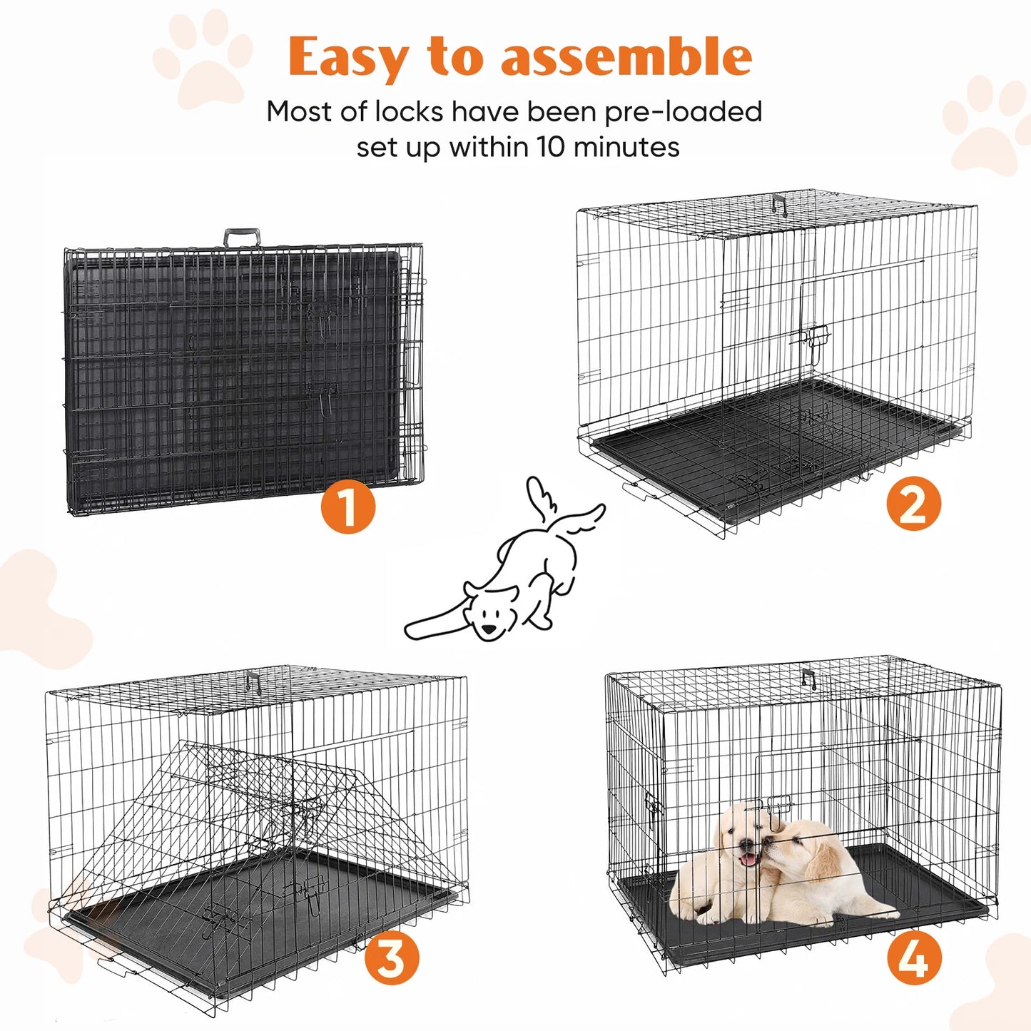 Double Door Folding Metal Pet Kennel with Plastic Floor Tray