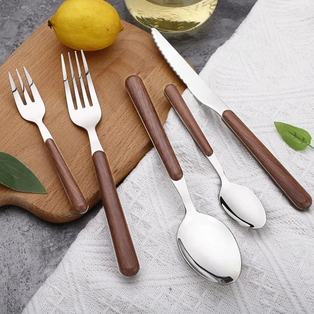 Durable Stainless Steel Flatware Set, 40 pc Wood Grain Handles