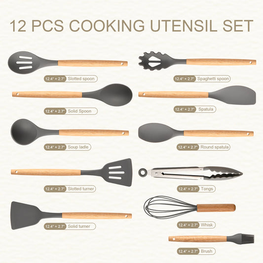12 Pcs Non-Stick Silicon Heat Resistant Wooden Handle Utensil Set
