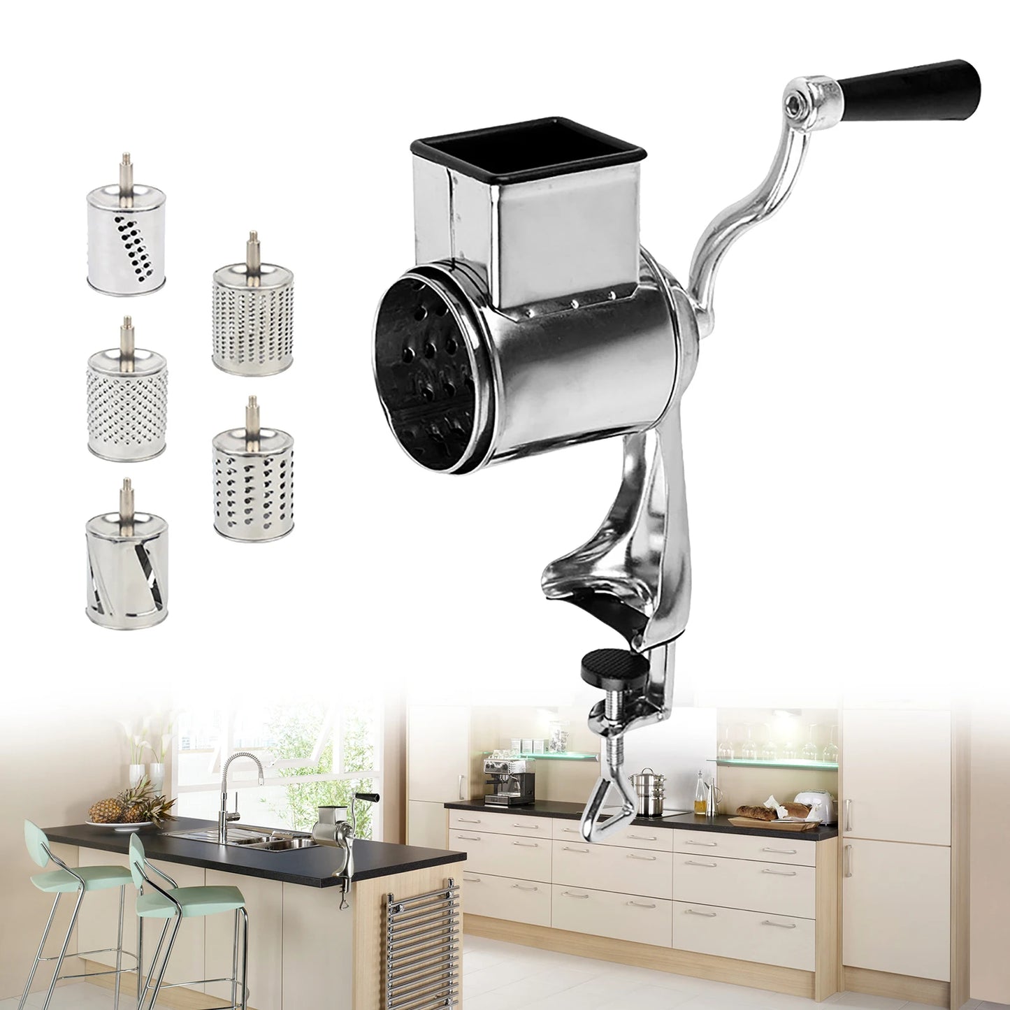 Manual Rotary Slicer/Cutter/Grater w/ 5 Stainless Steel Drums