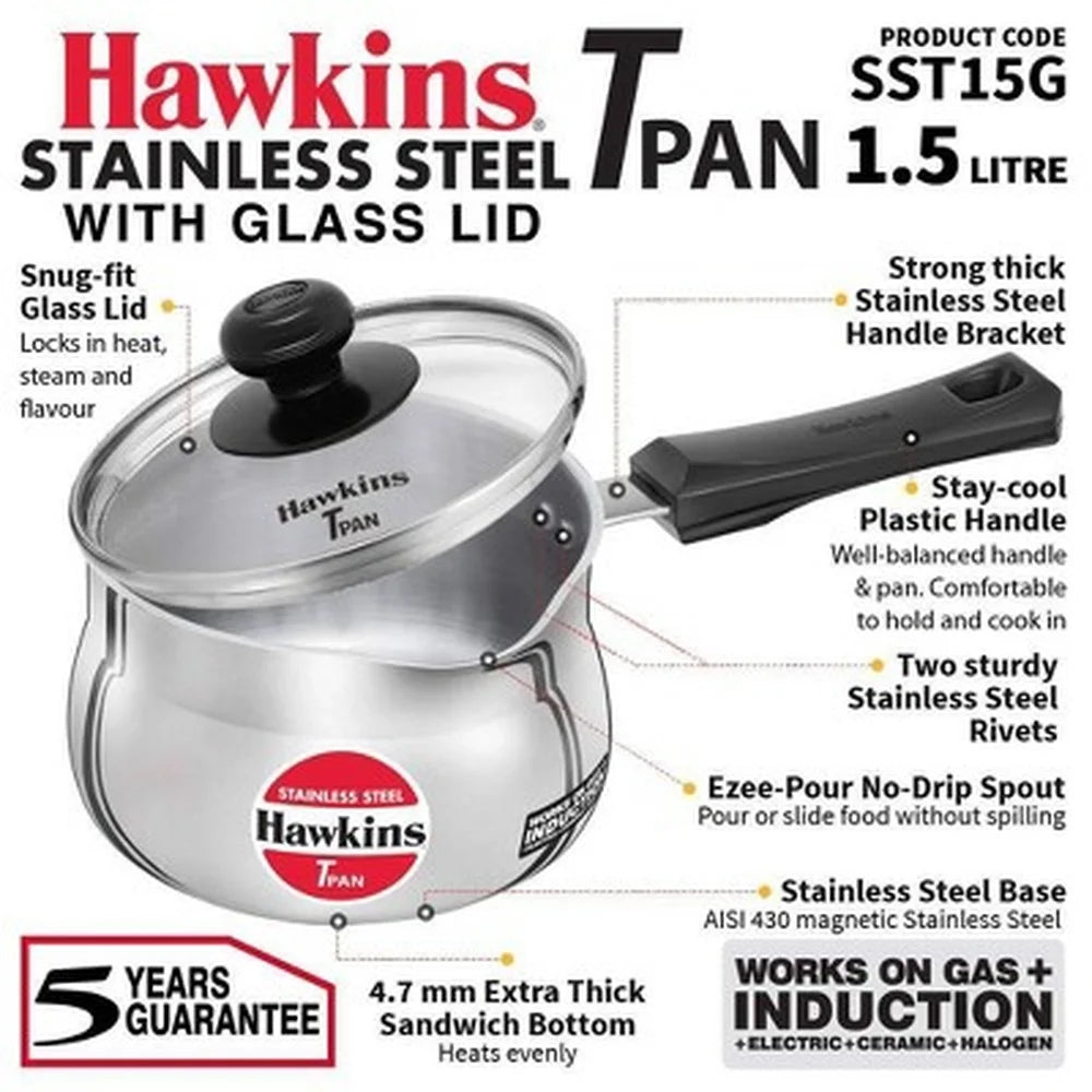 1.5L Stainless Steel Saucepan w/ Glass Lid, Ez-Pour Spout, & Stay-Cool Handle