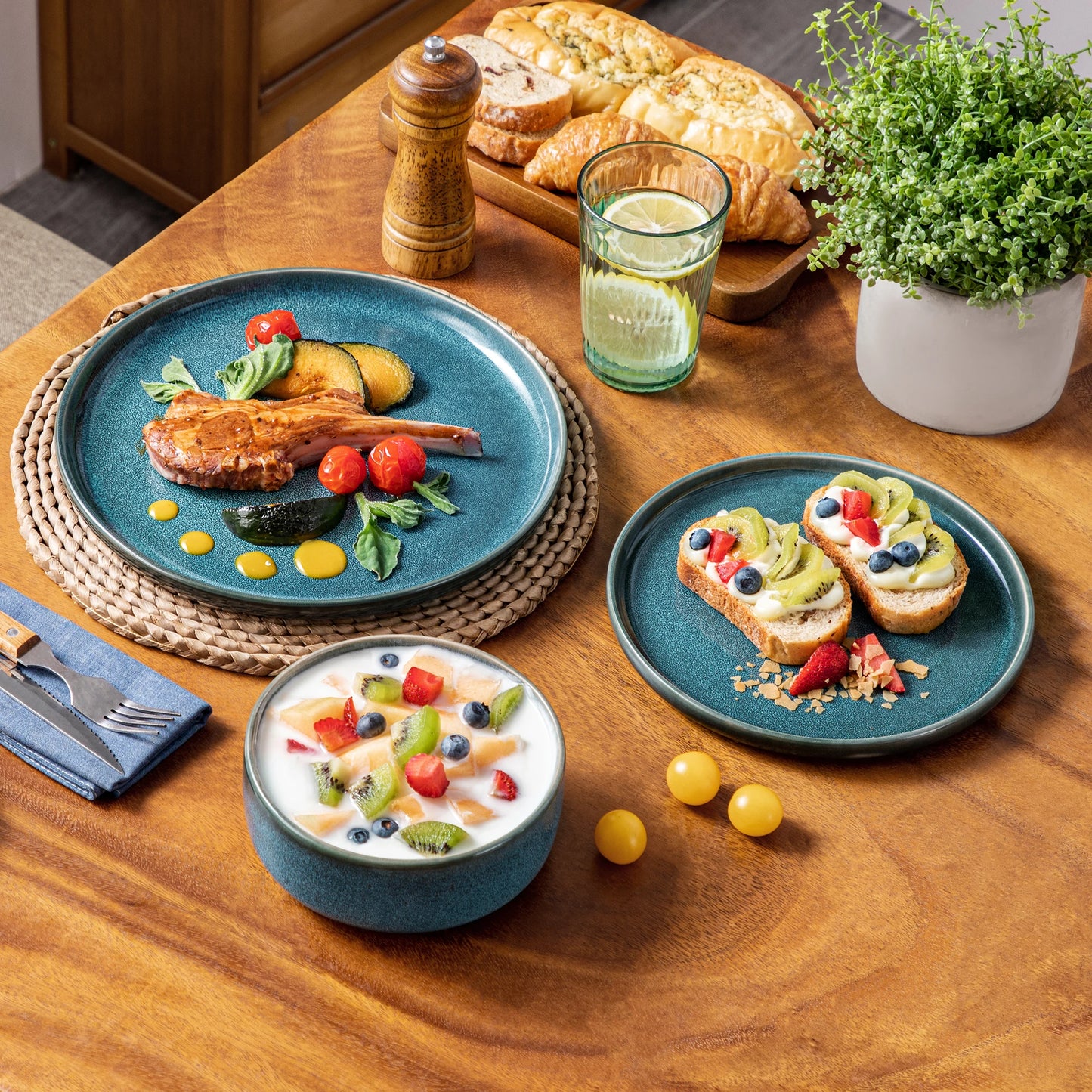 Blue Ceramic Plate Set w/ Dinner Plate/Dessert Plate/Bowl