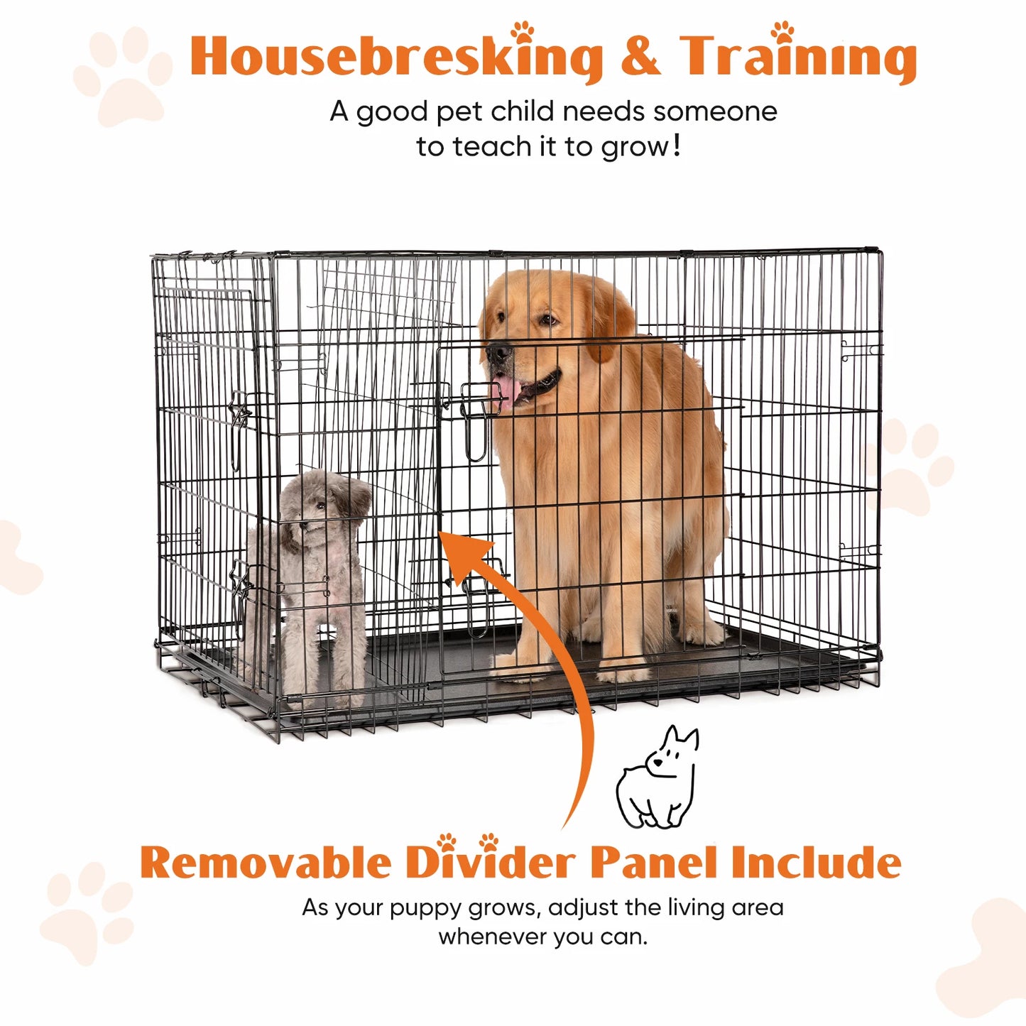 Double Door Folding Metal Pet Kennel with Plastic Floor Tray