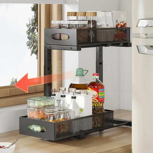 2 Tier Adjustable Height Under Sink Organizer with Sliding Drawer