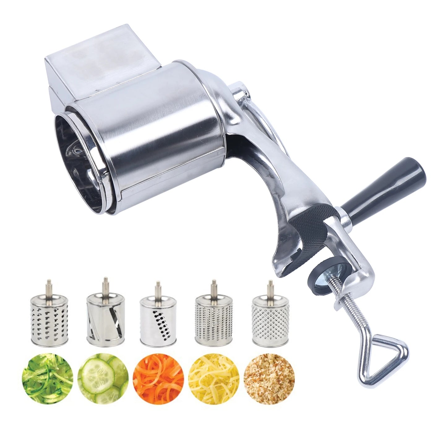 Manual Rotary Slicer/Cutter/Grater w/ 5 Stainless Steel Drums