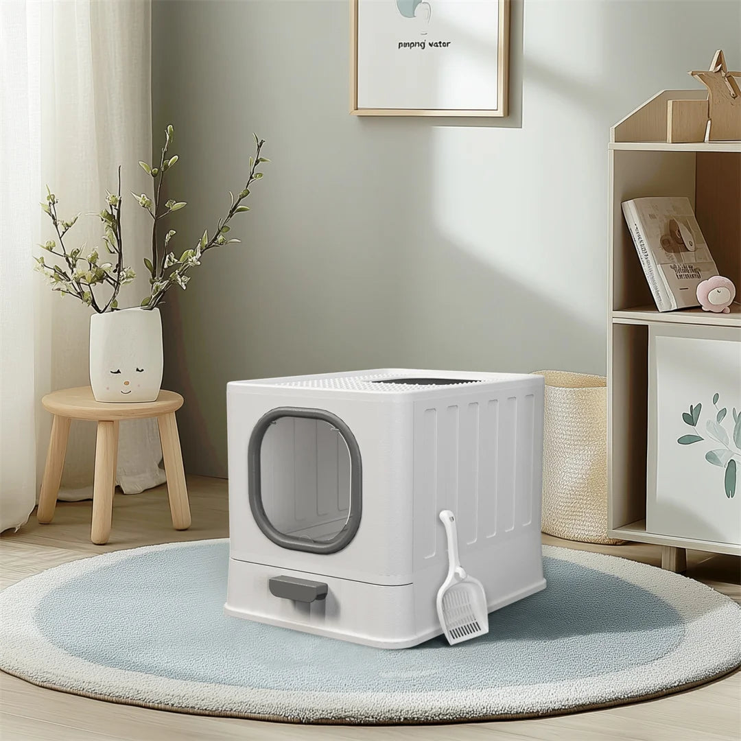 Cat Litter Box with Foldable Top Entry & Easy Clean Drawer