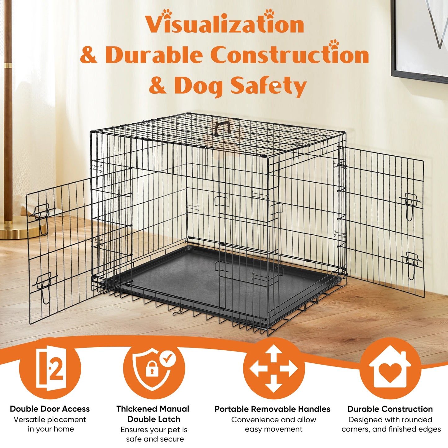 Double Door Folding Metal Pet Kennel with Plastic Floor Tray