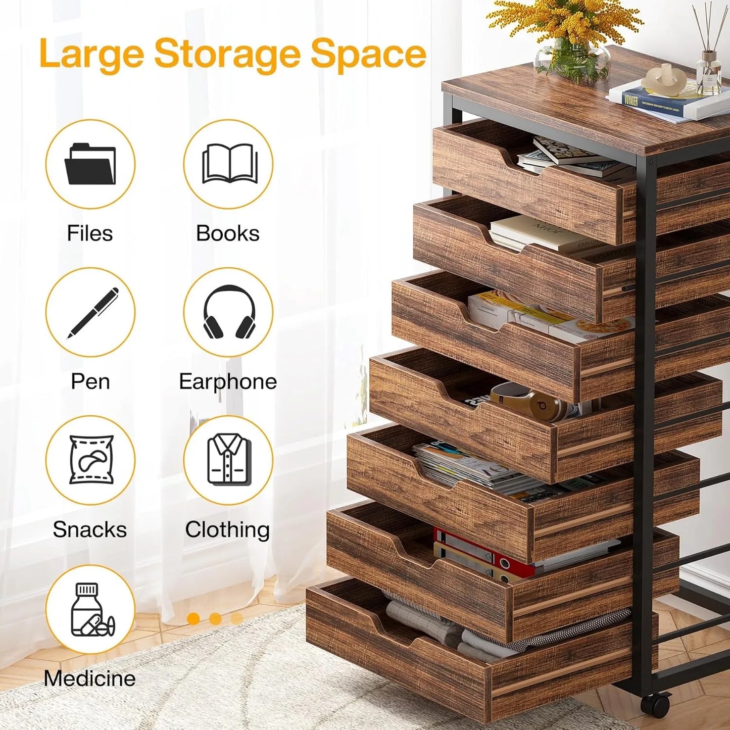 Wooden portable 7-Drawer Storage/File Cabinet with Wheels