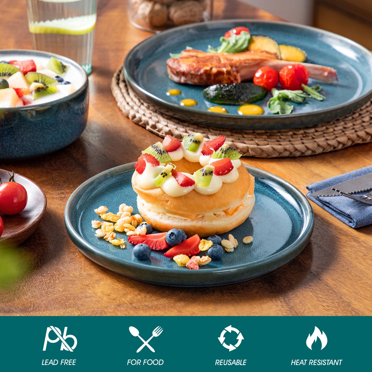 Blue Ceramic Plate Set w/ Dinner Plate/Dessert Plate/Bowl