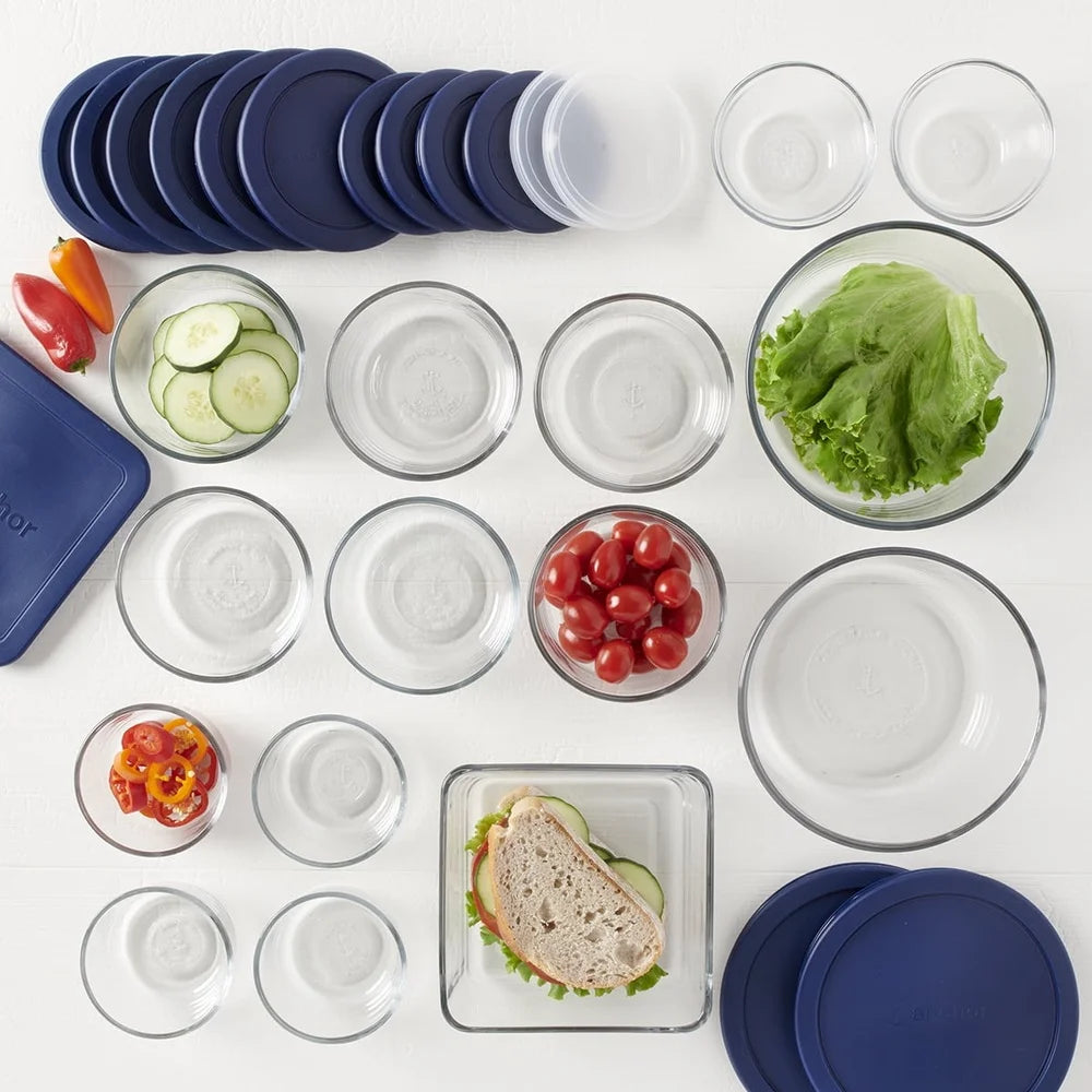 30 Pc Clear Glass Food Storage Container Set w/ Navy Airtight Lids