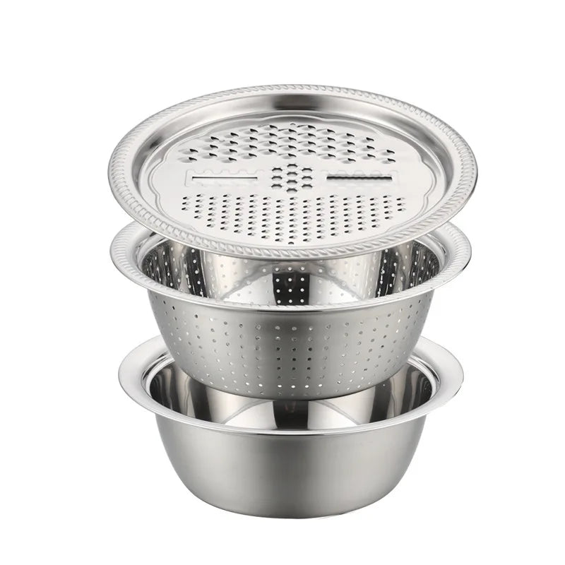 3PCS Set Stainless Steel Slicer, Washing Basin, Drain Basket