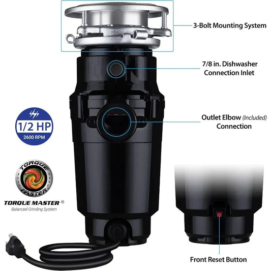 1/2 HP Garbage Disposal, Anti-Jam, Stainless Steel