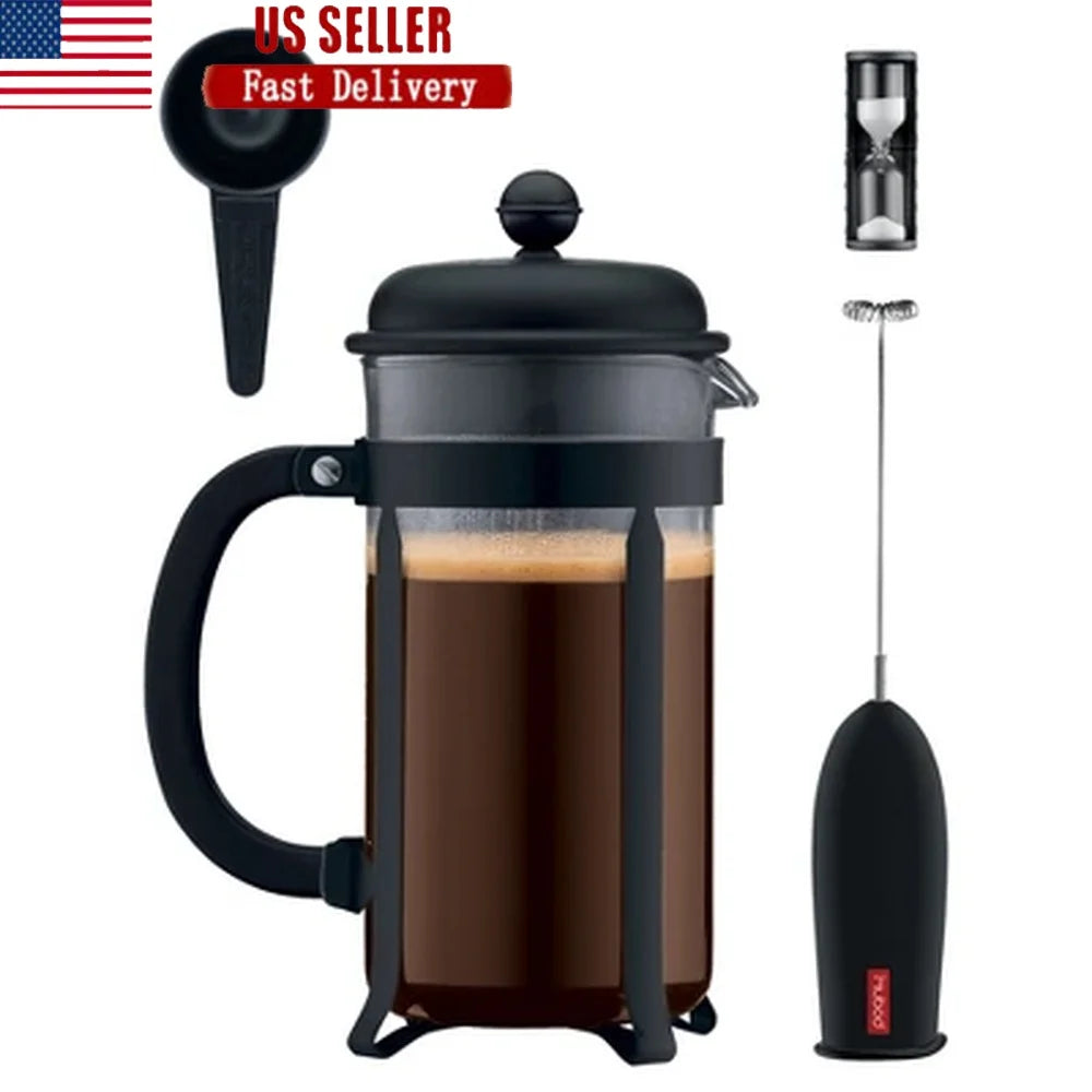 8 Cup Java French Press Coffee Maker w/Battery Frother, Measuring Spoon, and Sand Timer