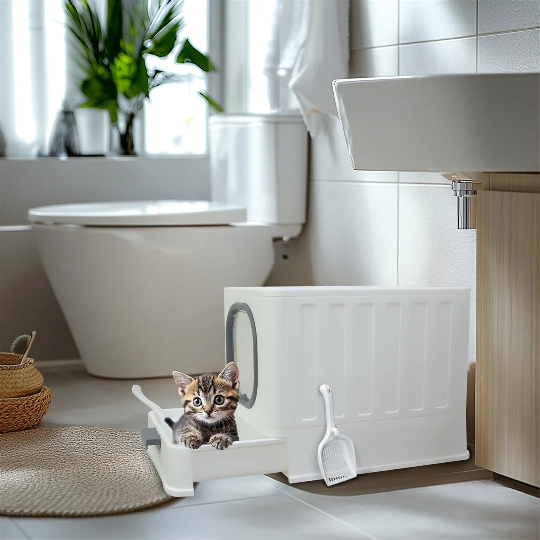 Cat Litter Box with Foldable Top Entry & Easy Clean Drawer