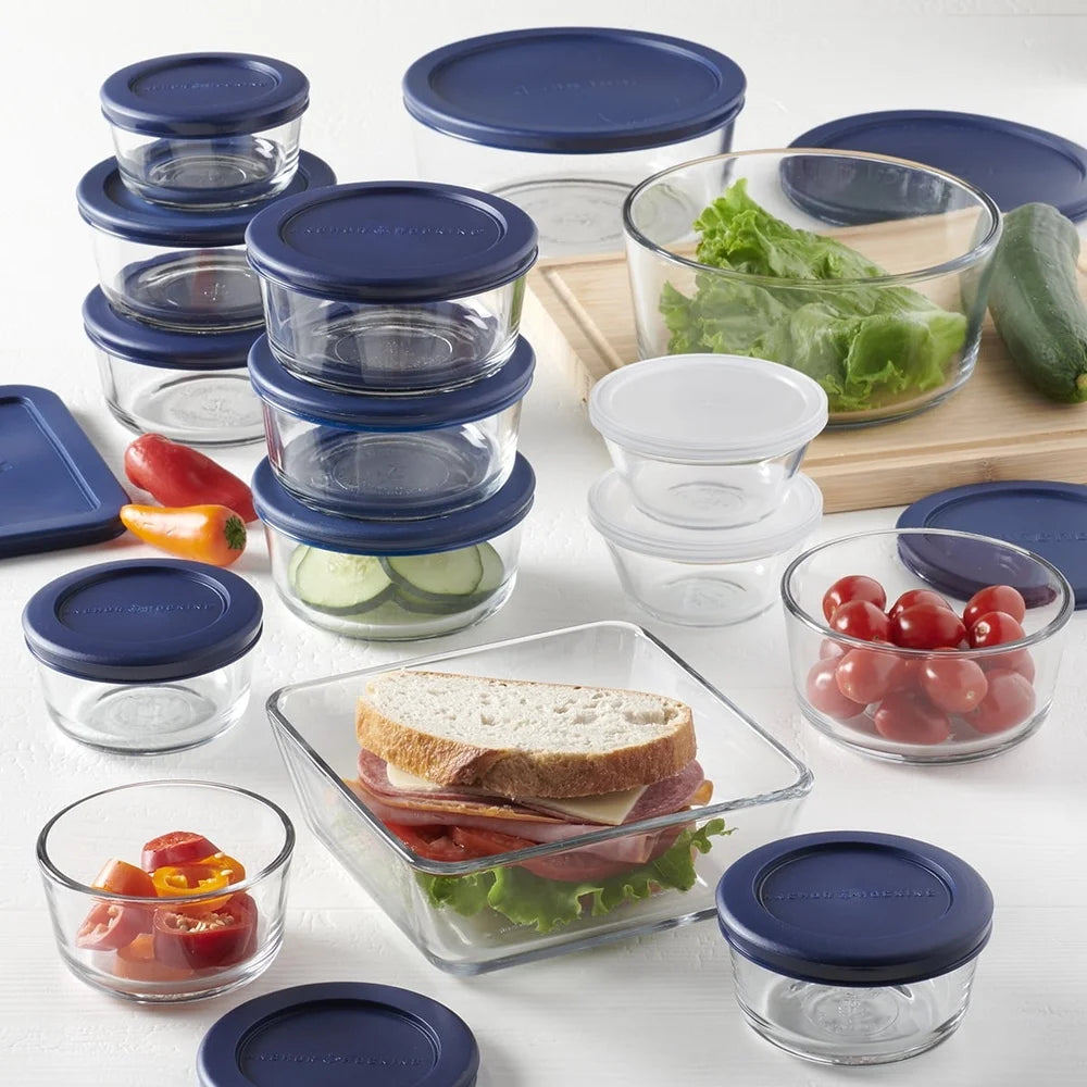 30 Pc Clear Glass Food Storage Container Set w/ Navy Airtight Lids