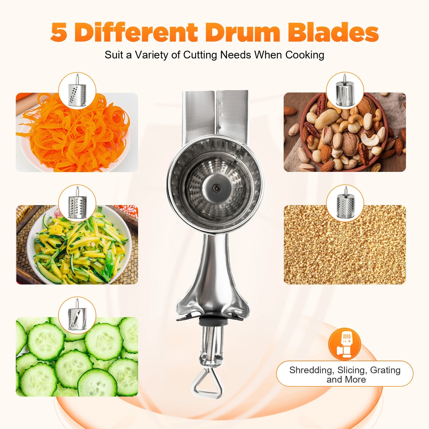 Manual Rotary Slicer/Cutter/Grater w/ 5 Stainless Steel Drums