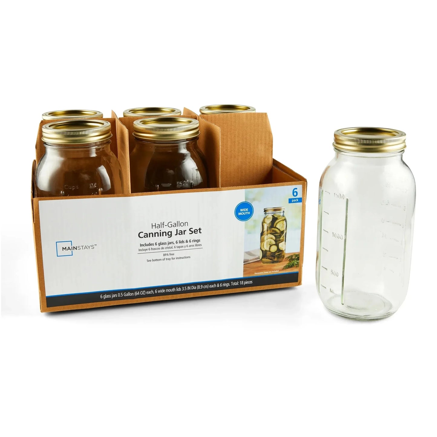 6 Count Airtight Glass Wide Mouth Canning Jars, 64 oz