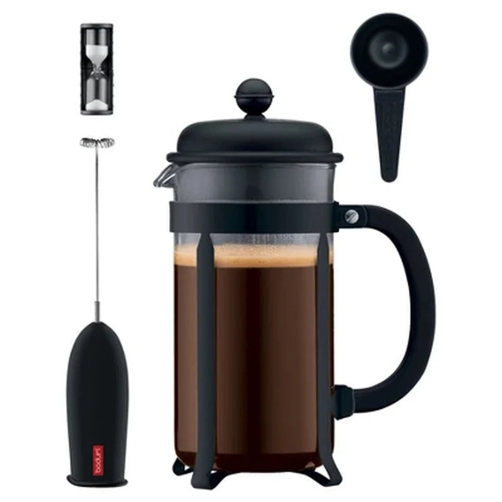 8 Cup Java French Press Coffee Maker w/Battery Frother, Measuring Spoon, and Sand Timer