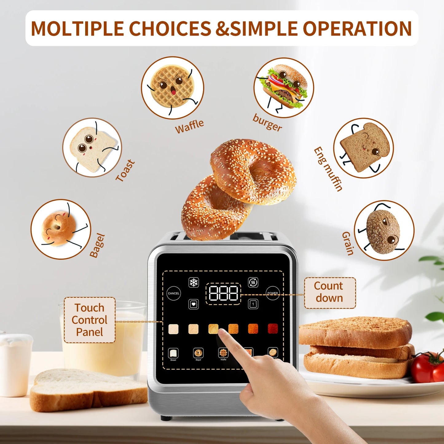 Stainless Steel Smart Toaster 2 Slice with LCD Display