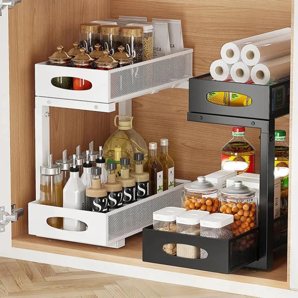 2 Tier Adjustable Height Under Sink Organizer with Sliding Drawer
