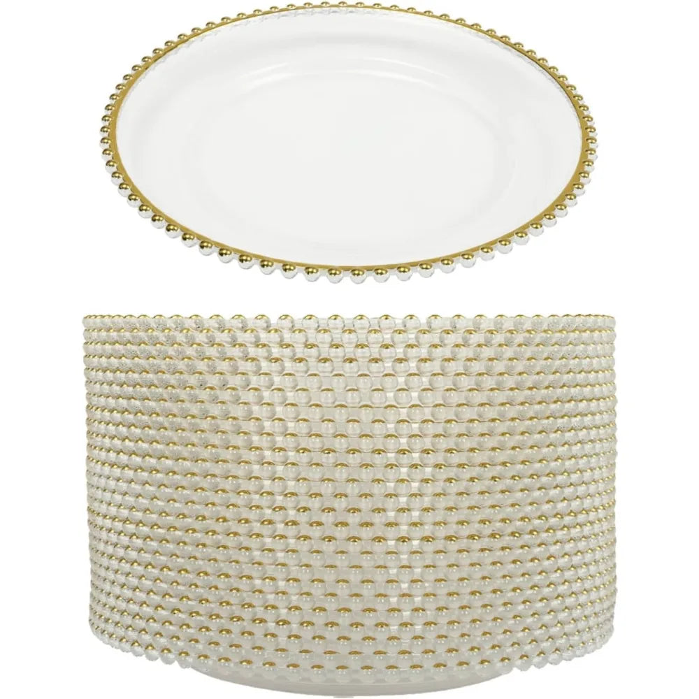 12.6 Inch Plastic Dinner Plates with Gold Beaded Rim, 25 pc. set