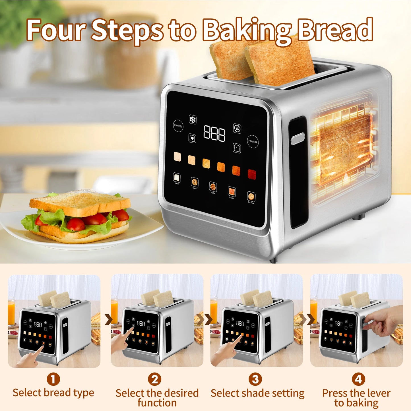 Stainless Steel Smart Toaster 2 Slice with LCD Display