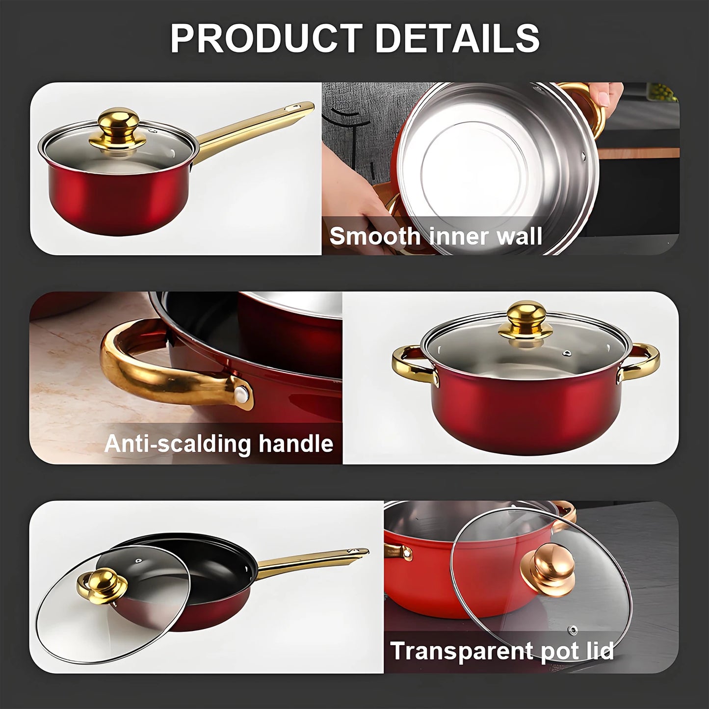 12-Piece Stainless Steel Non-Stick Cookware Set - Red