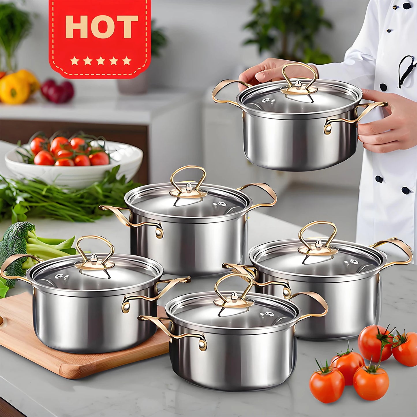 12-Piece Stainless Steel Non-Stick Cookware Set - Red