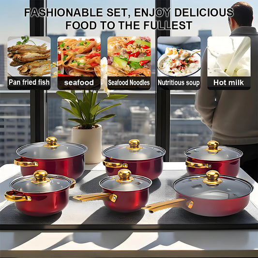 12-Piece Stainless Steel Non-Stick Cookware Set - Red
