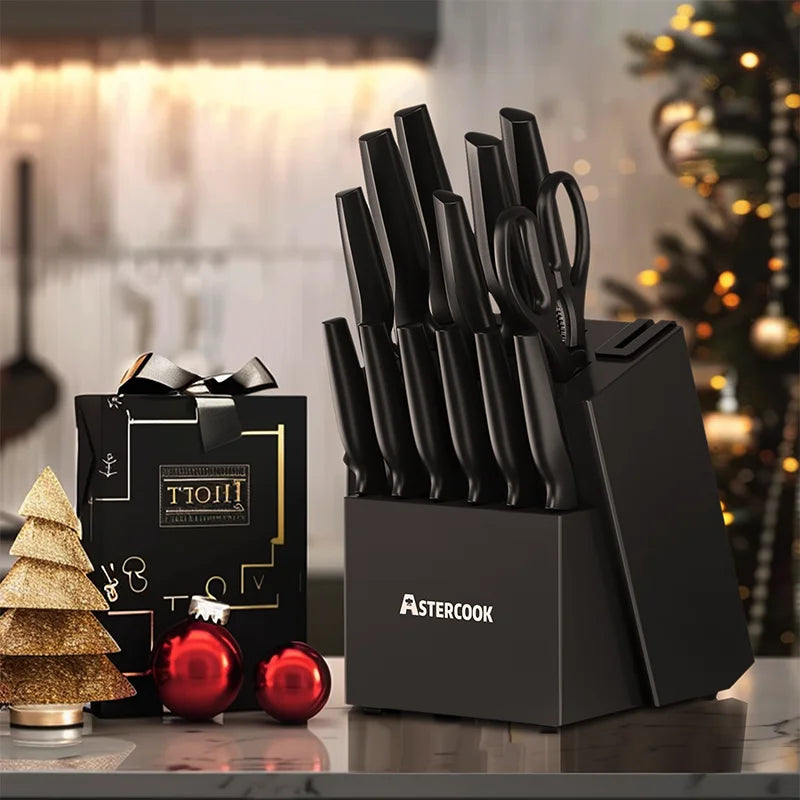 Astercook 15 Pc German Stainless Steel Knife Block Set w/ Built-in Sharpener