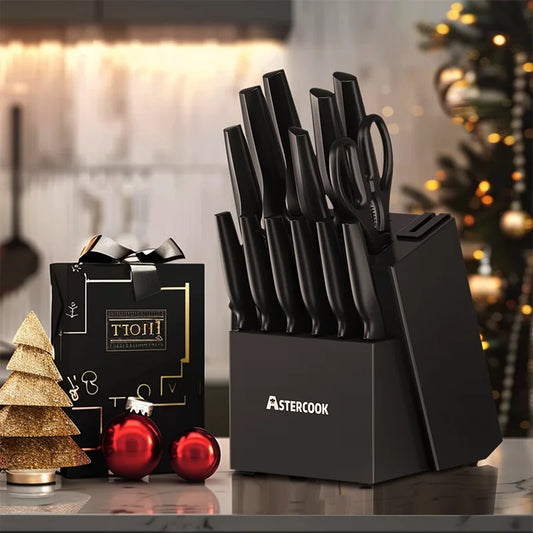 Astercook 15 Pc German Stainless Steel Knife Block Set w/ Built-in Sharpener