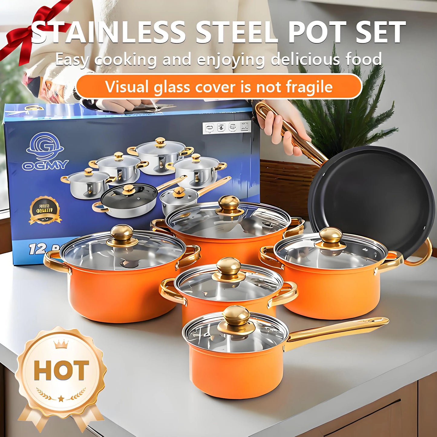 12-Piece Stainless Steel Non-Stick Cookware Set - Red