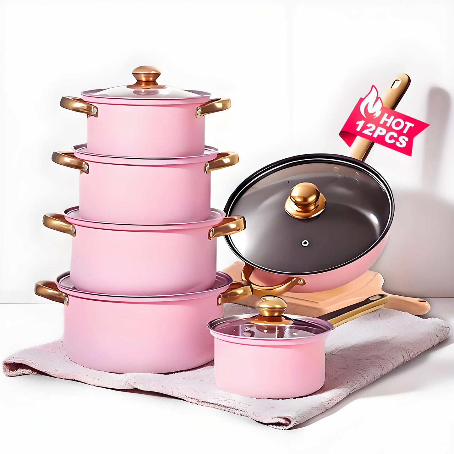 12-Piece Stainless Steel Non-Stick Cookware Set - Red