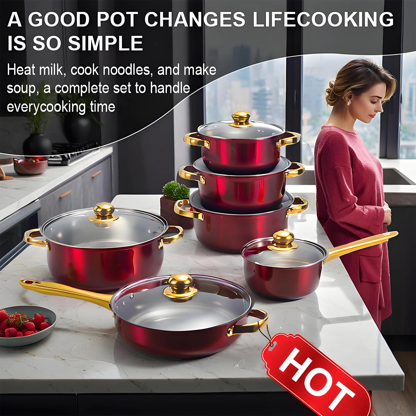 12-Piece Stainless Steel Non-Stick Cookware Set - Red