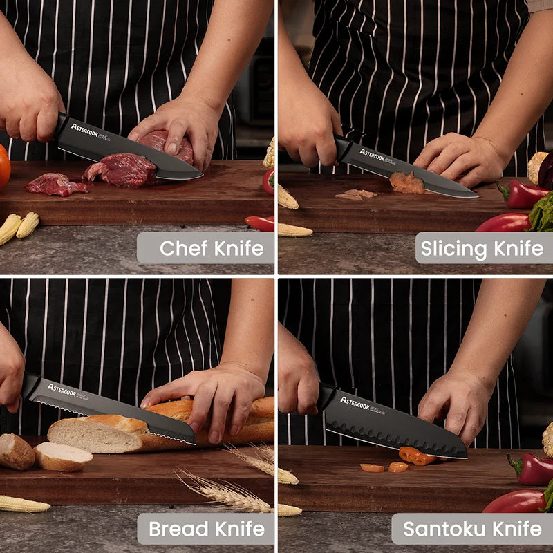 Astercook 15 Pc German Stainless Steel Knife Block Set w/ Built-in Sharpener