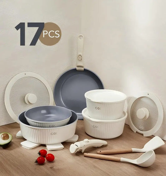 17pcs Nonstick Ceramic Cookware Set w/ Detachable Handles