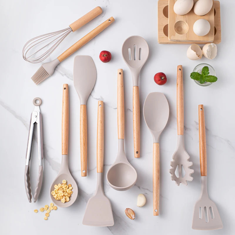 12pcs Silicone Utensil Set With Wooden Handles