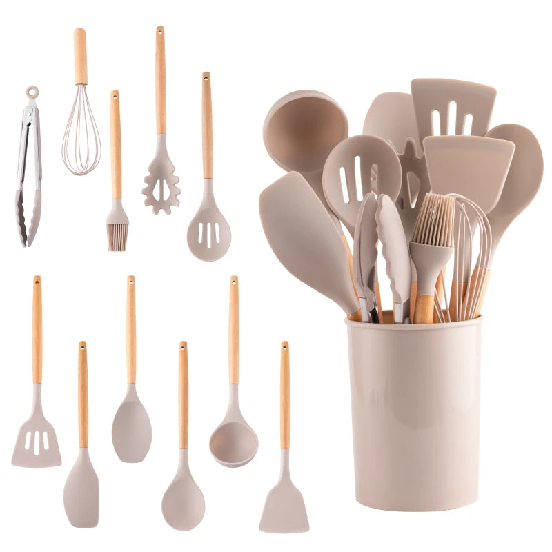 12pcs Silicone Utensil Set With Wooden Handles