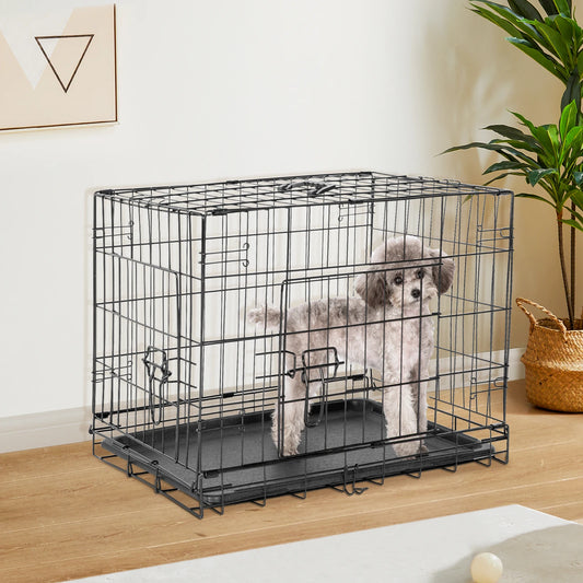 Double Door Folding Metal Pet Kennel with Plastic Floor Tray