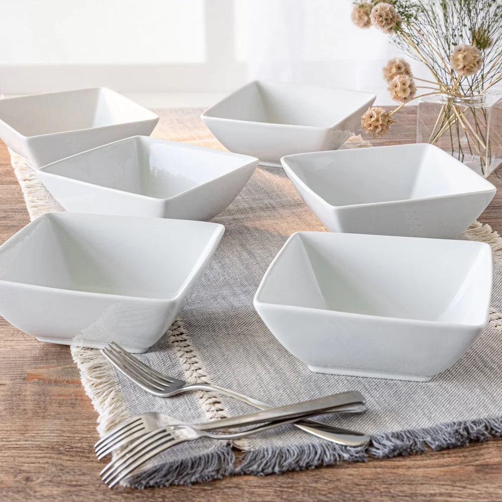 Durable Porcelain Square Bowls, Set of 6