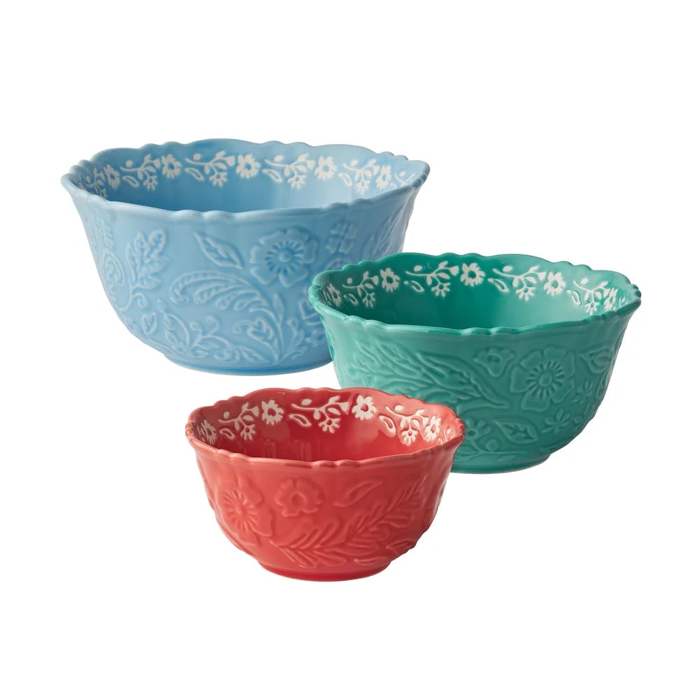 3pc Embossed Stoneware Serving Bowl Set