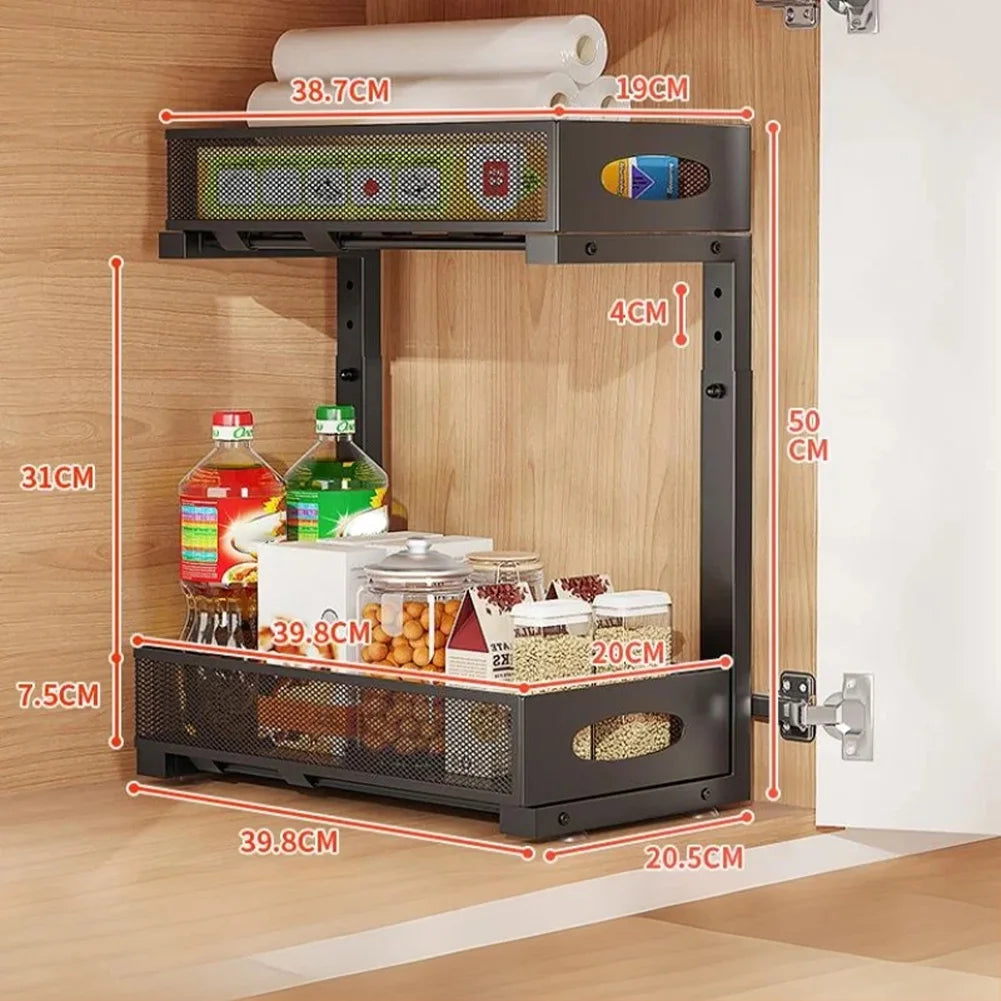 2 Tier Adjustable Height Under Sink Organizer with Sliding Drawer