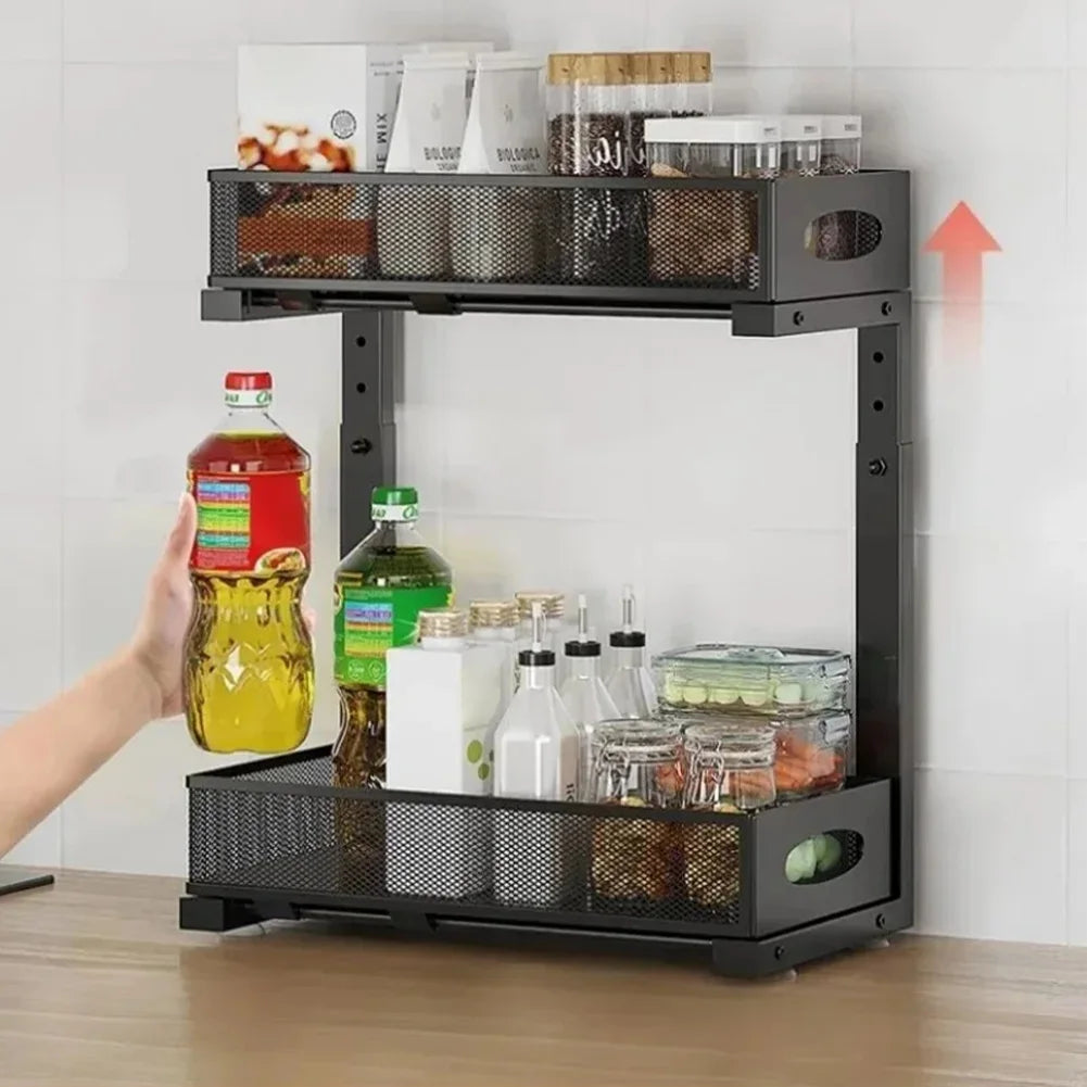 2 Tier Adjustable Height Under Sink Organizer with Sliding Drawer