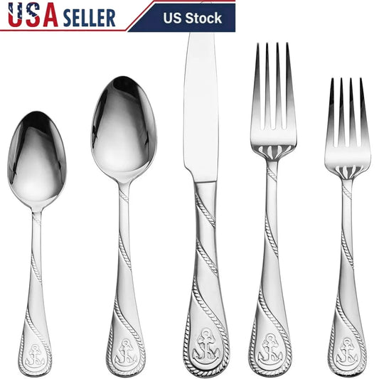 Nautical Themed 20 Piece Stainless Steel Flatware Set Service 4