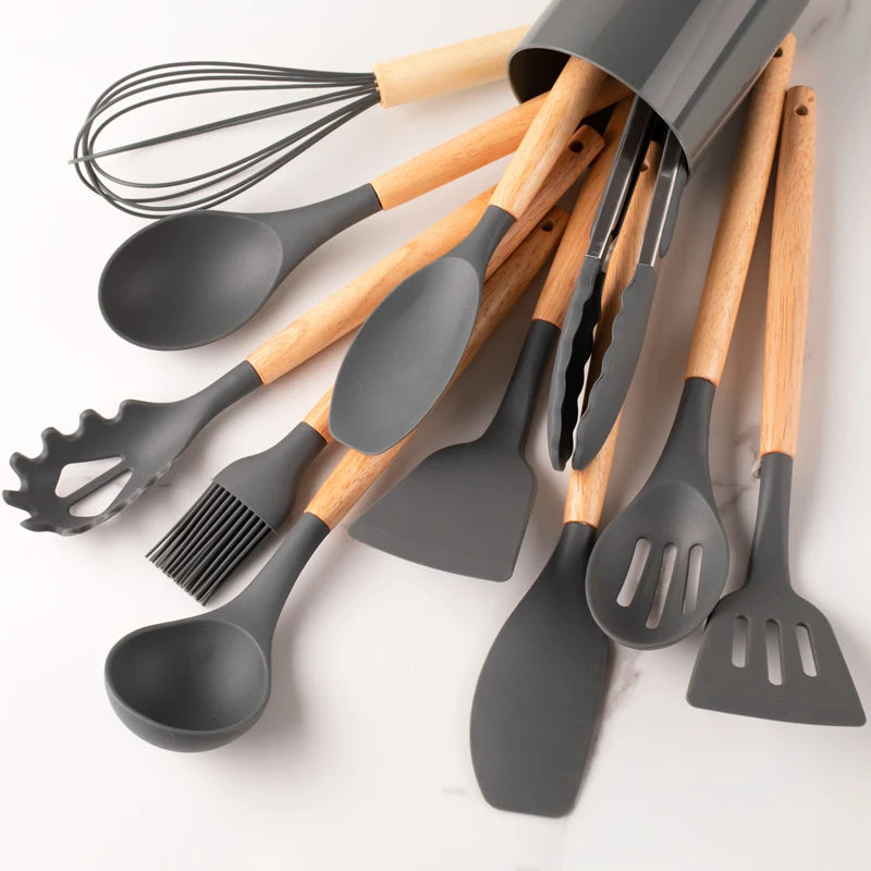 12pcs Silicone Utensil Set With Wooden Handles