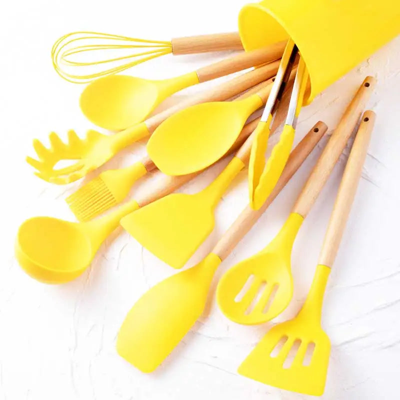 12pcs Silicone Utensil Set With Wooden Handles